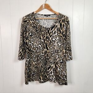 Papa Plush Animal Leopard Print Knit Top 3/4 Sleeves Stretch Womens Size Large